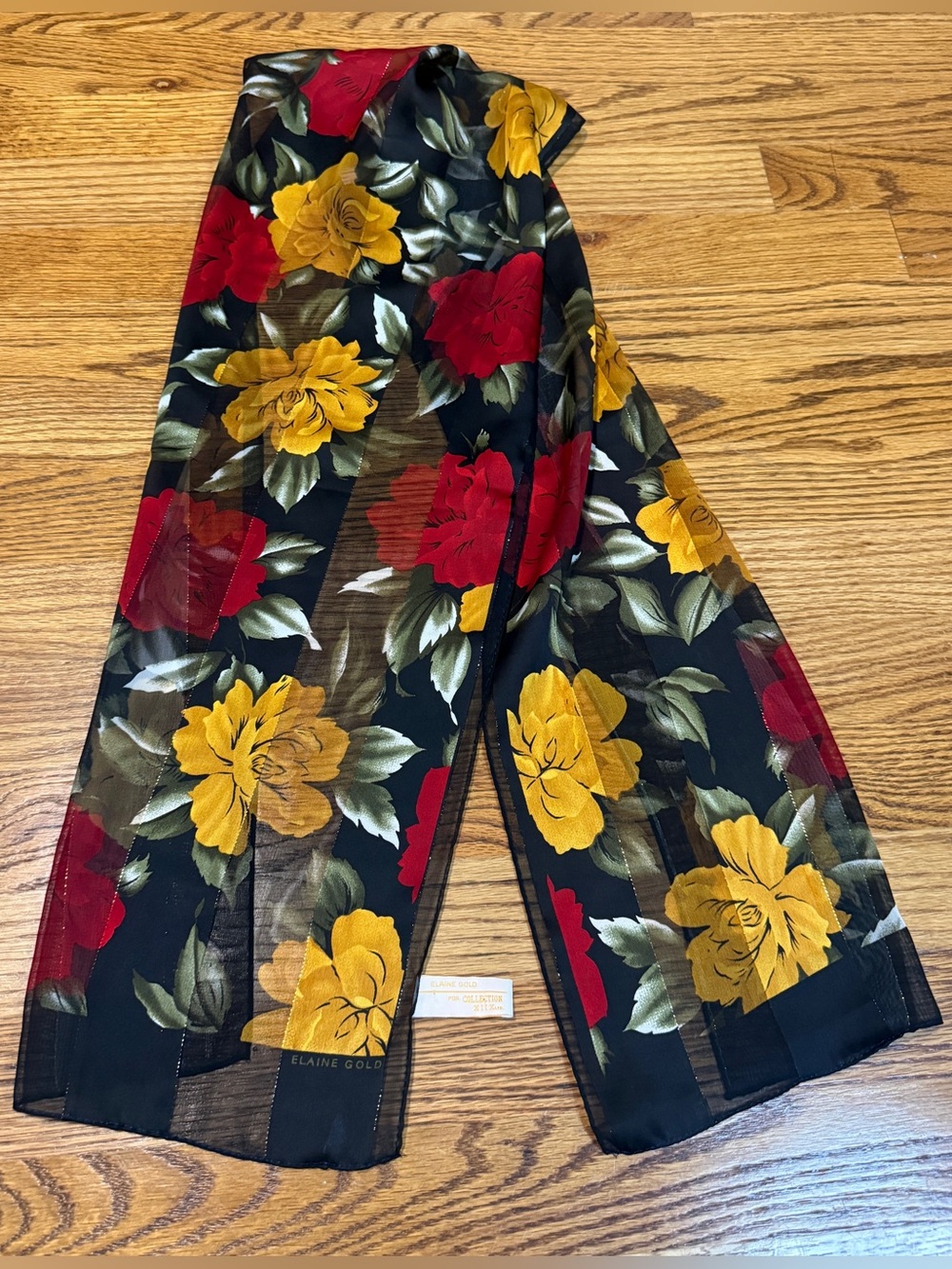 Vintage Elaine Gold Silk Chiffon Scarf Black Red Yellow Floral Rose Oblong Sheer